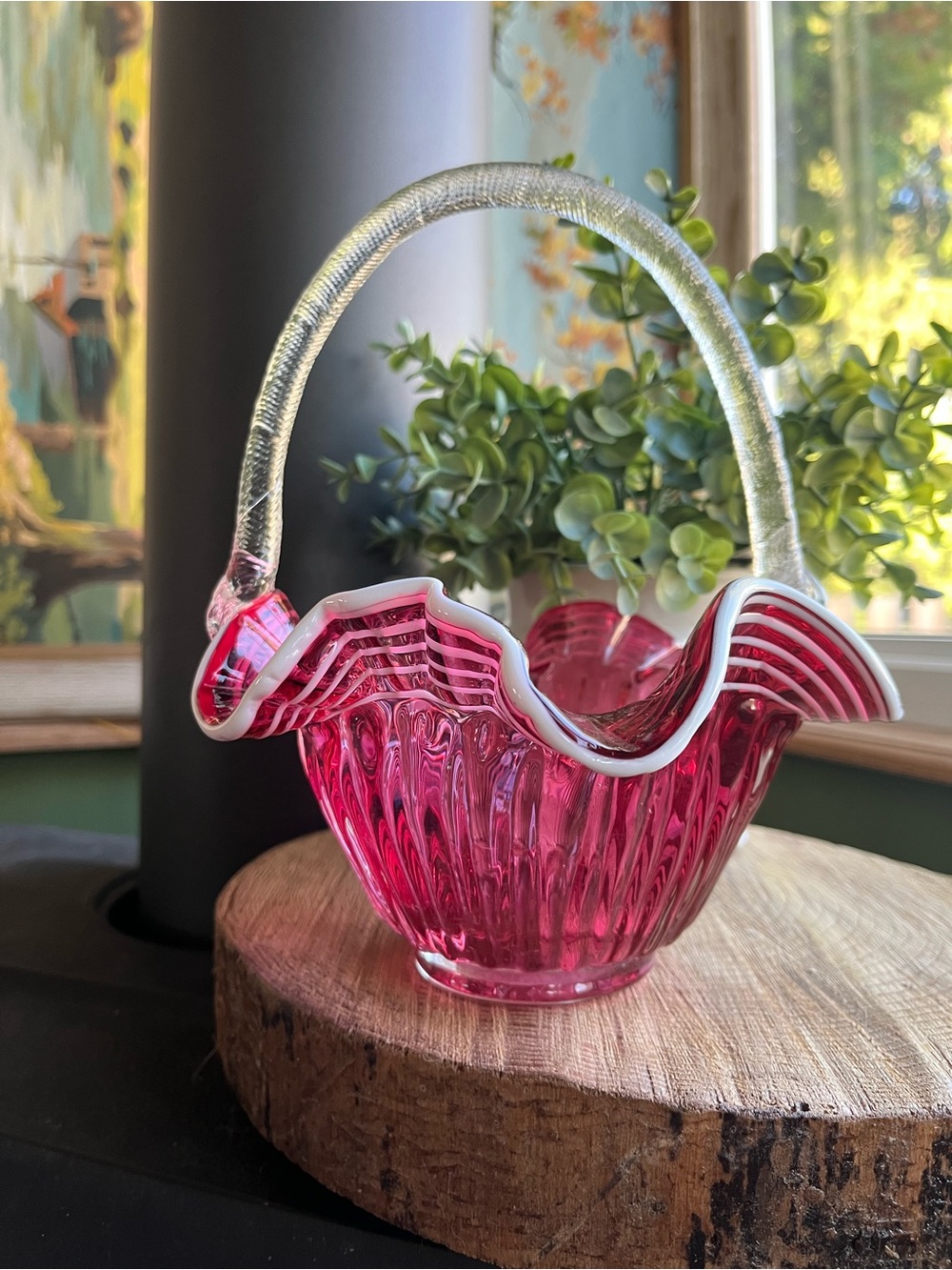 Cranberry Art Glass Basket with White Trim and Clear Handle